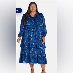 Womens Floral Blue Dress with Ruffles